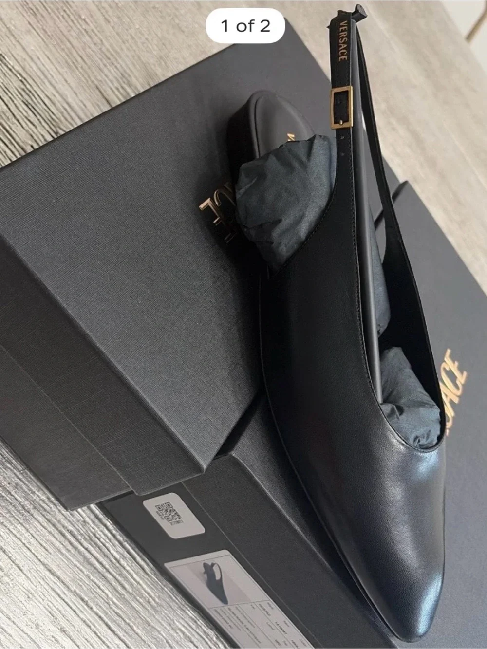 Versace Black Leather Pointed Slingback Flats with Gold Buckle